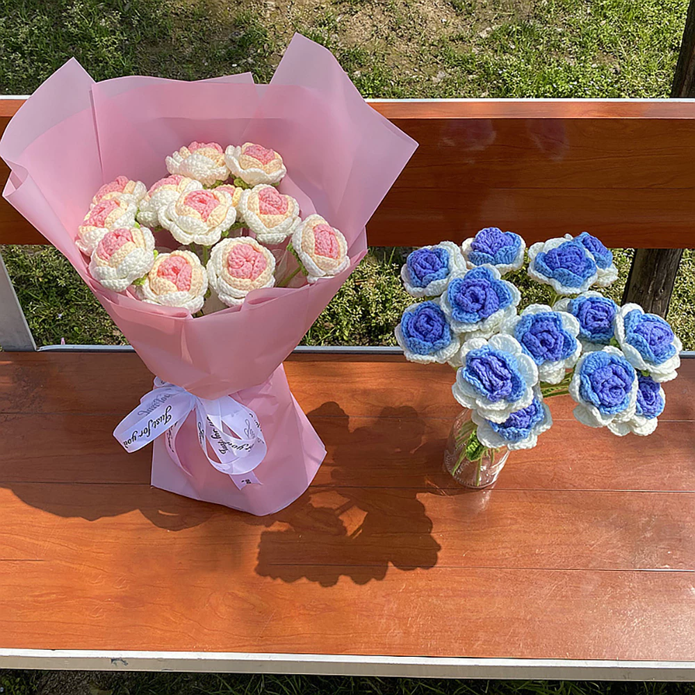 Crochet Rose Flower Bouquet l Hand-Woven Wool Artificial Rose Gift for Mother's Day, Teacher's Day & Birthday