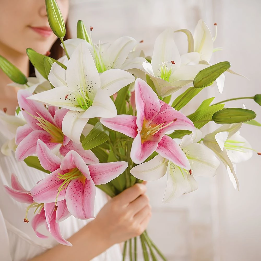 3 Heads Artificial Lily Bouquet l Plastic Fake Flower Arrangement for Wedding, Home & Hotel Decoration