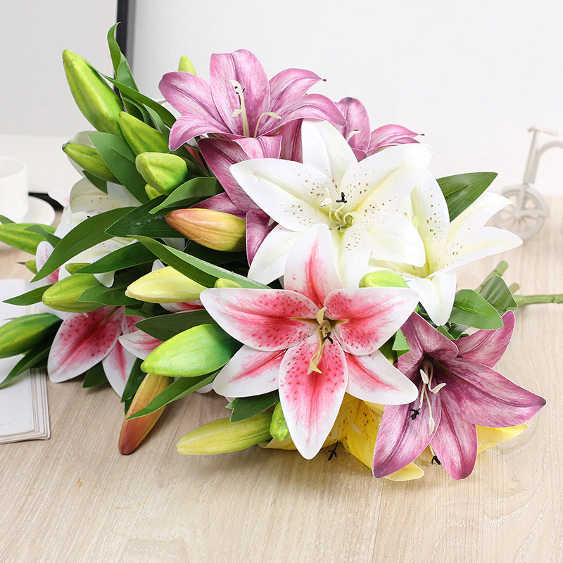 3 Heads Artificial Lily Bouquet l Plastic Fake Flower Arrangement for Wedding, Home & Hotel Decoration